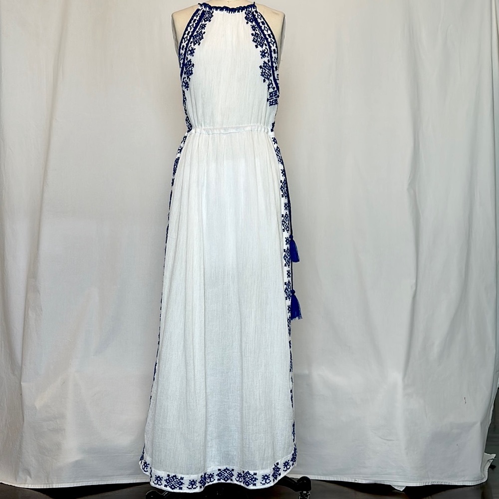 Boemo - White Gauze Maxi Dress With Blue Rope and Embroidery Detailing - Picture 1 of 7